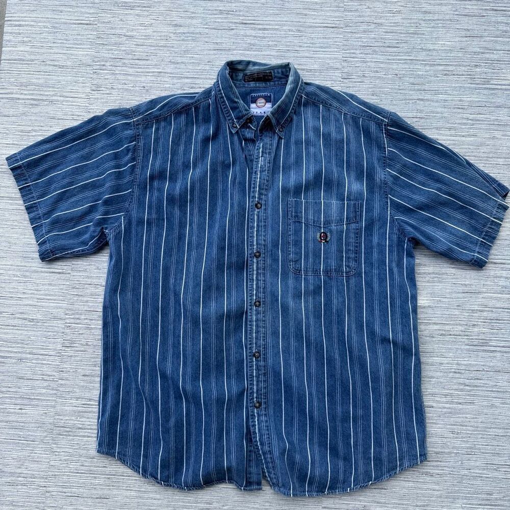 Vintage 90s Coliseum Striped Denim Shirt Men's Short Sleeve Button Down Baggy XL
